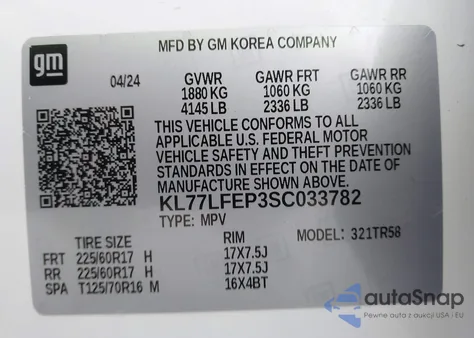 2025 Chevrolet Trax Fwd Ls from USA, damaged, VIN KL77LFEP3SC033782